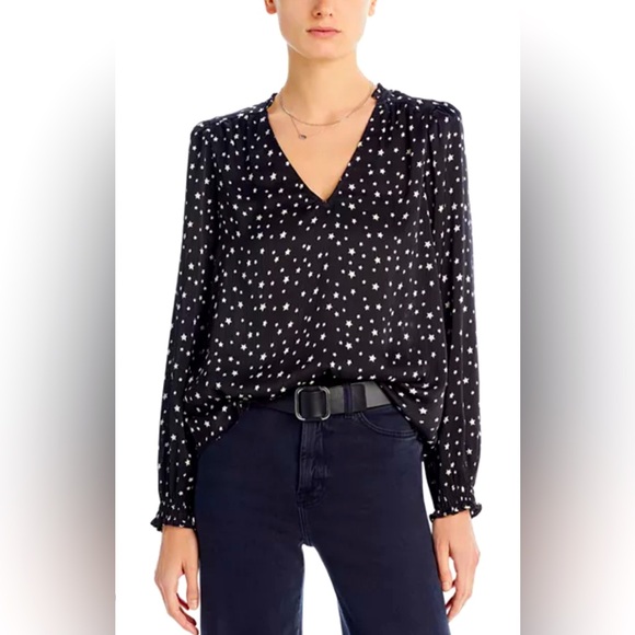 Aqua Bloomingdales  Star V Neck Black Blouse Long Sleeve  Constellation - Picture 1 of 14
